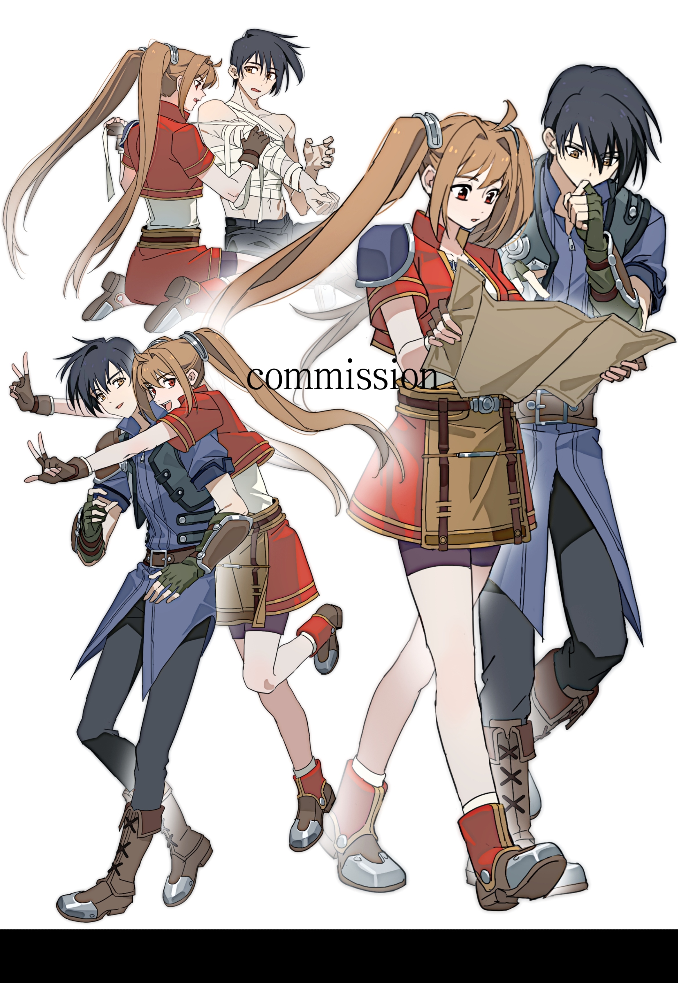 yiguanli123, estelle bright, joshua bright, eiyuu densetsu, sora no kiseki, absurdres, commentary, commission, english commentary, highres, 1boy, 1girl, ahoge, antenna hair, arm guards, armor, bandaged arm, bandaged chest, bandages, bike shorts, bike shorts under skirt, black gloves, black hair, black pants, boots, brown gloves, cropped jacket, fingerless gloves, gloves, hair intakes, holding, holding map, long hair, map, pants, parted bangs, pauldrons, red eyes, shoes, short sleeves, shorts, shorts under skirt, shoulder armor, simple background, single pauldron, skirt, sneakers, twintails, very long hair, white background, yellow eyes
