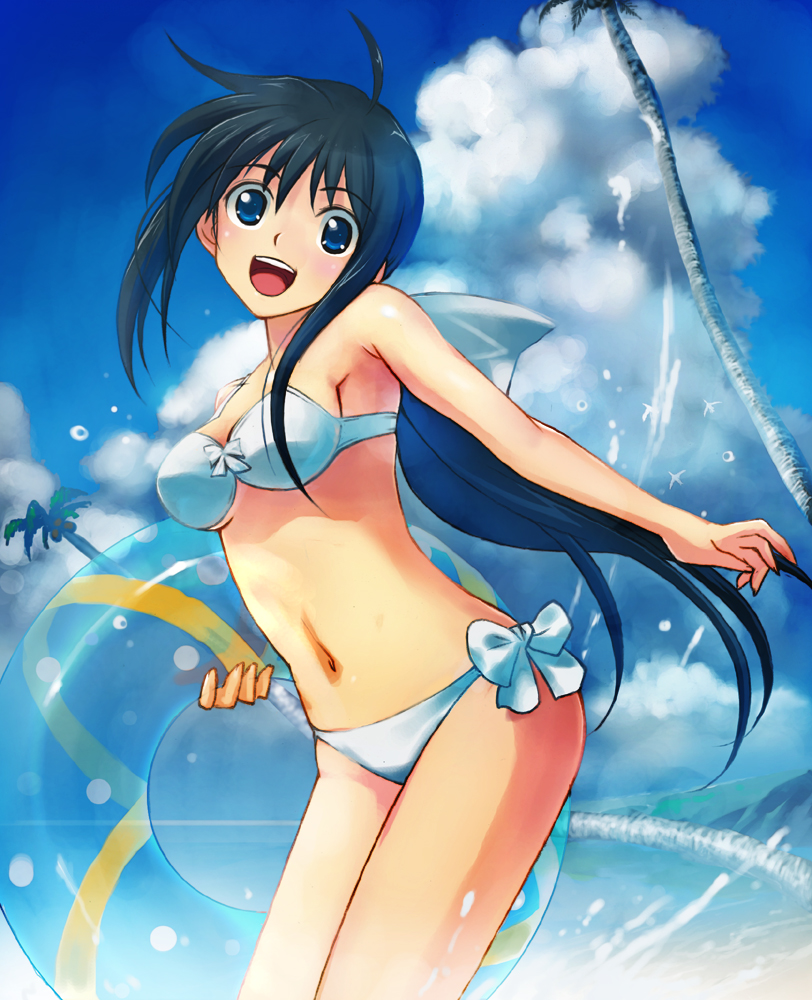 hirokiku, original, 1girl, :d, beach, bikini, blue eyes, blue hair, cloud, day, female focus, hair ribbon, innertube, long hair, matching hair/eyes, navel, open mouth, outdoors, ribbon, side-tie bikini bottom, smile, solo, swim ring, swimsuit, tree
