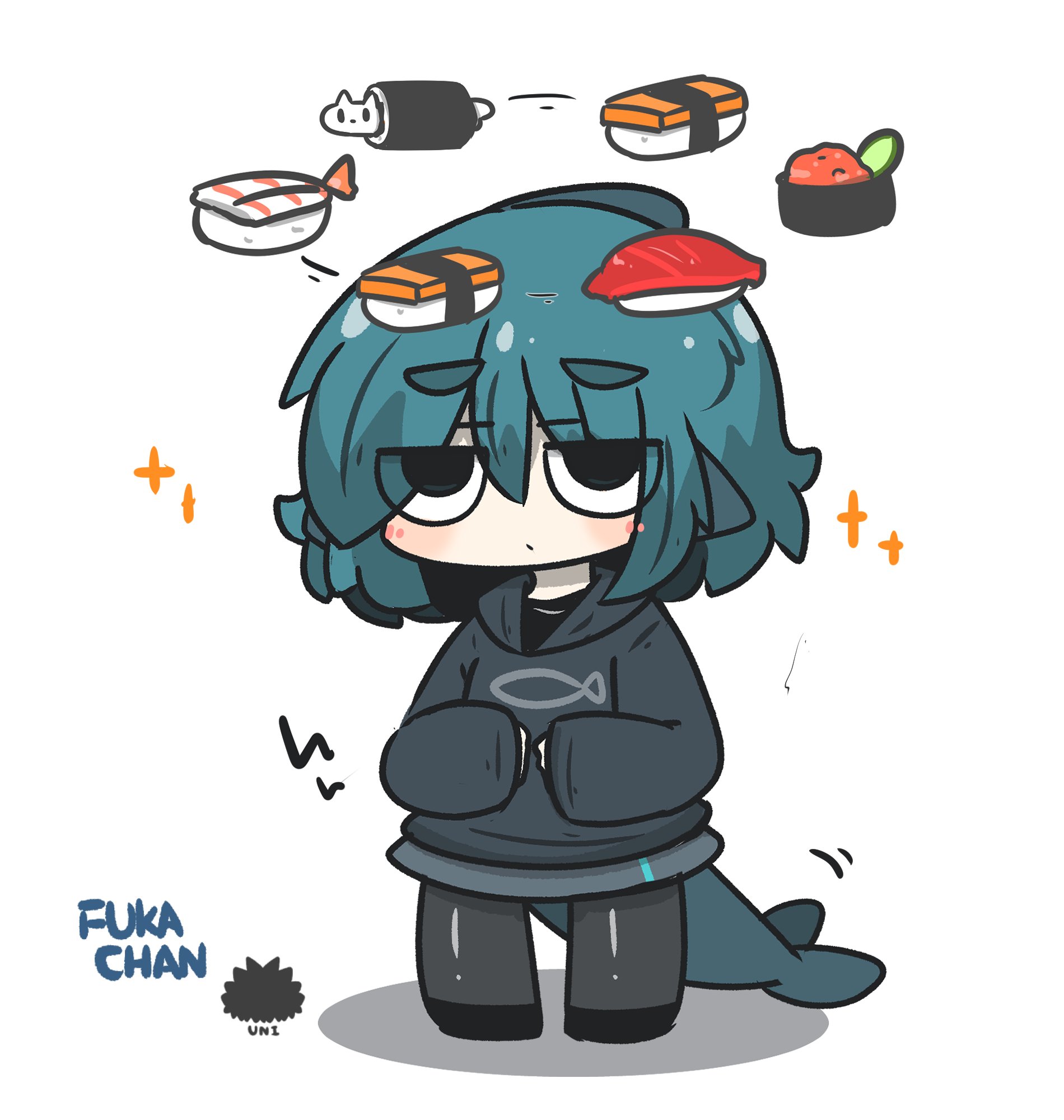 uni souchou, fuka-chan, original, commentary request, highres, 1girl, black hoodie, black shoes, blue eyes, blue hair, character name, chibi, fins, fish (food), fish tail, food, full body, grey pantyhose, grey skirt, hair between eyes, hood, hood down, hoodie, long sleeves, motion lines, nigirizushi, pantyhose, sea urchin, shadow, shark tail, shoes, short eyebrows, simple background, skirt, sleeves past wrists, solo, sparkle, standing, sushi, tail, thick eyebrows, white background
