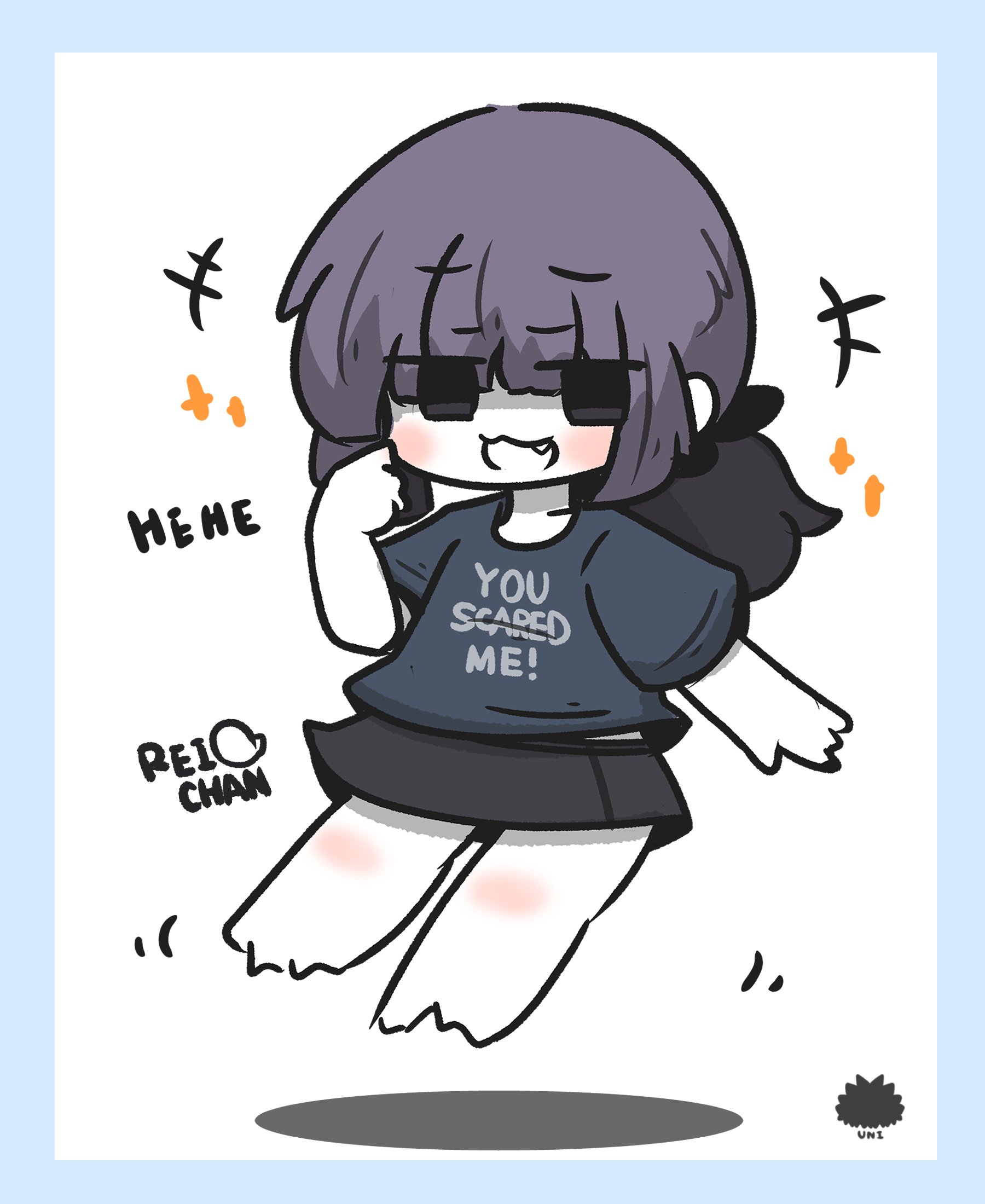 uni souchou, original, commentary request, highres, +++, 1girl, :d, black ribbon, black skirt, blue border, blush, border, character name, chibi, clothes writing, dissolving, english text, fang, floating, full body, grey eyes, grey shirt, hair ribbon, hand up, looking at viewer, low ponytail, open mouth, pale skin, ponytail, purple hair, ribbon, sea urchin, shadow, shirt, short sleeves, skirt, smile, solo, sparkle, white background