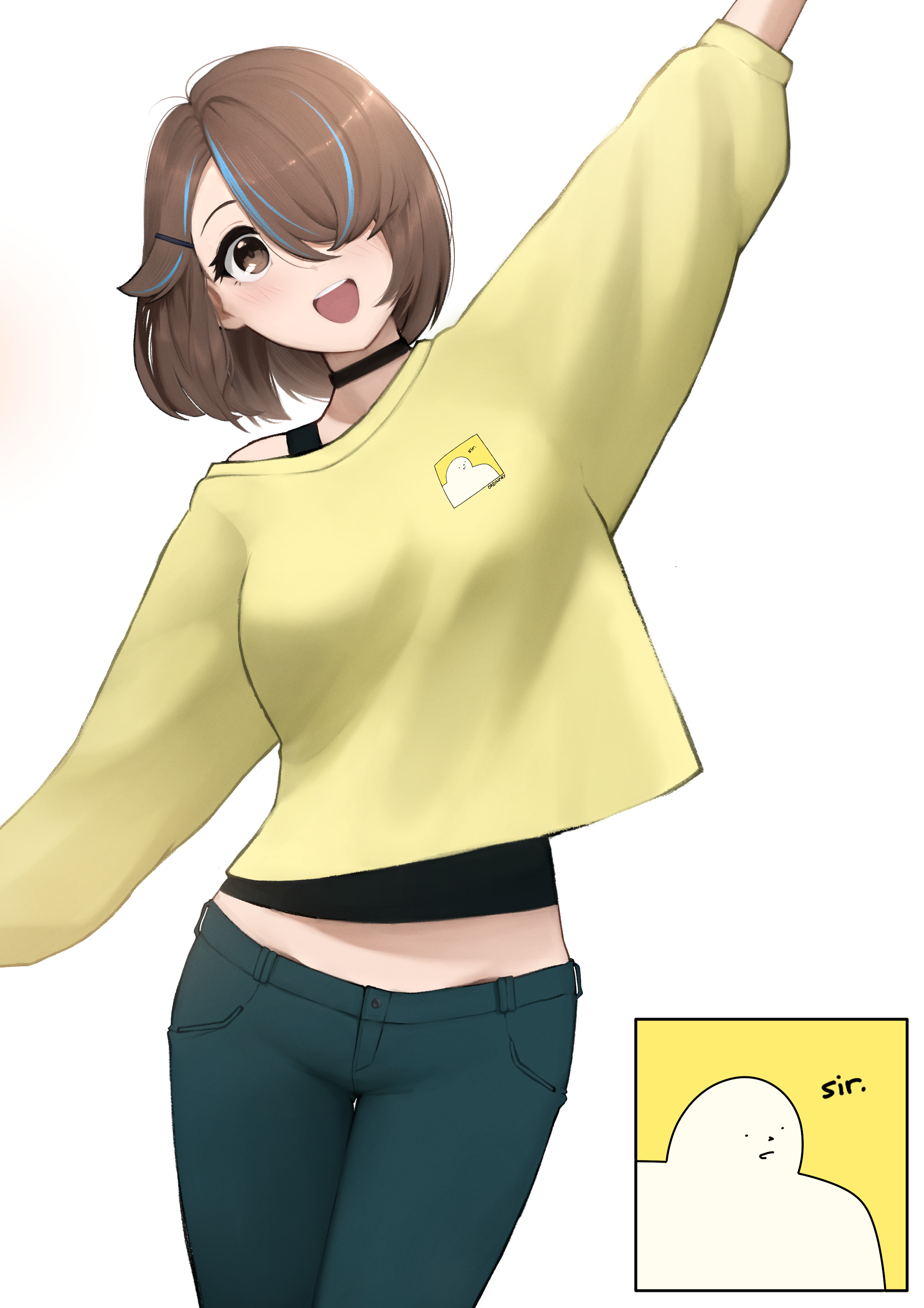 fav faris, original, absurdres, commentary request, highres, 1girl, arm up, asymmetrical bangs, black choker, black tank top, brown eyes, brown hair, choker, cowboy shot, denim, doodle inset, english text, eyebrows hidden by hair, hair ornament, hair over one eye, hairclip, jeans, long bangs, long sleeves, midriff peek, multicolored hair, one eye covered, open mouth, pants, print sweater, ranguage, short hair, simple background, smile, solo, streaked hair, sweater, tank top, thigh gap, white background, yellow sweater