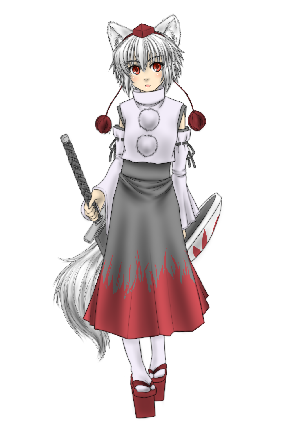 five-seven (0verlimits), inubashiri momiji, touhou, highres, 1girl, animal ears, detached sleeves, female focus, geta, hat, red eyes, sandals, shield, short hair, simple background, skirt, solo, sword, tail, tengu-geta, tokin hat, weapon, white hair, wolf ears, wolf tail