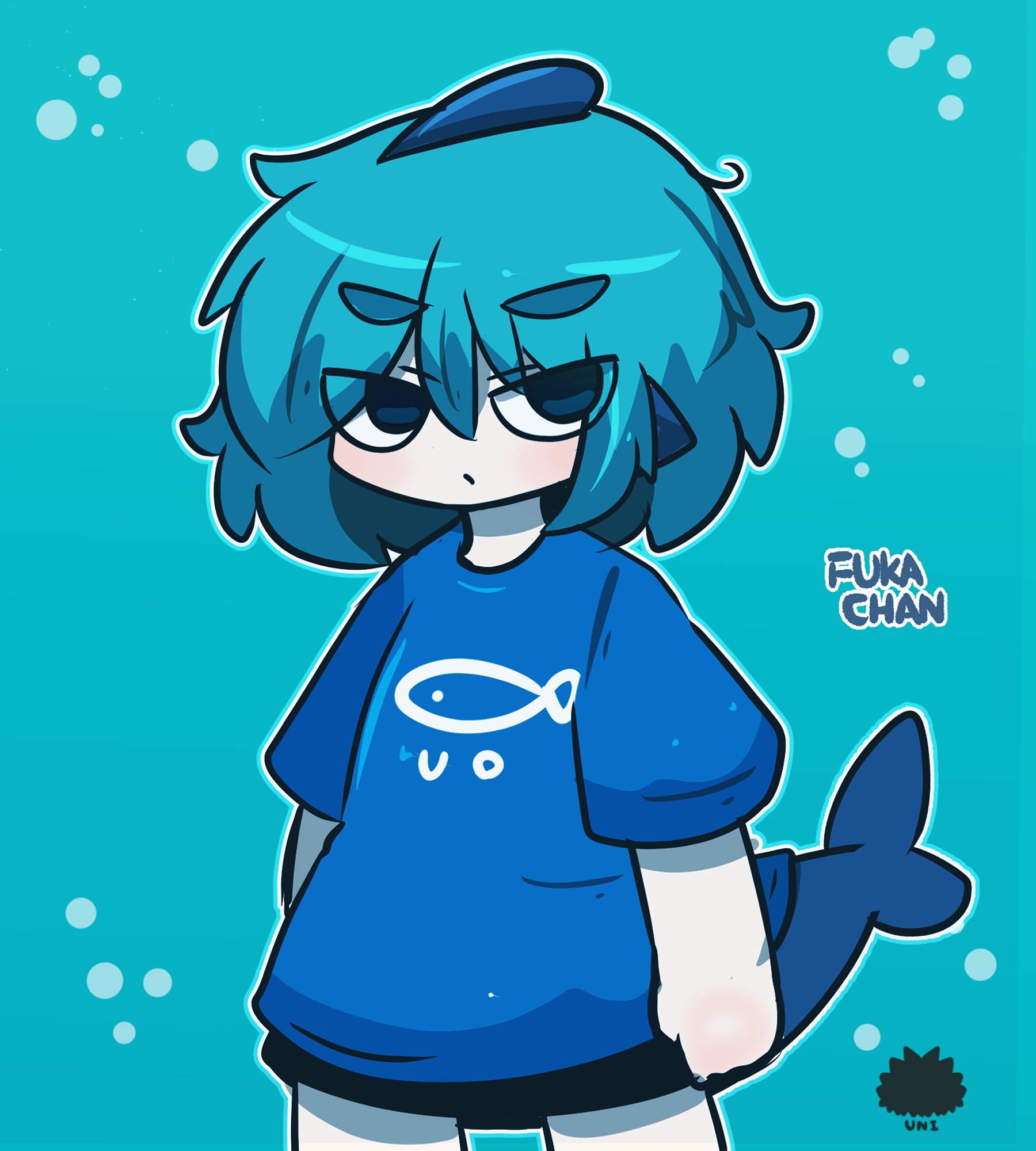 uni souchou, fuka-chan, original, commentary request, highres, 1girl, black skirt, blue background, blue eyes, blue hair, blue shirt, blush, chibi, closed mouth, cowboy shot, fins, fish tail, hair between eyes, looking at viewer, sea urchin, shark tail, shirt, short eyebrows, short sleeves, simple background, skirt, solo, standing, tail, thick eyebrows, v-shaped eyebrows
