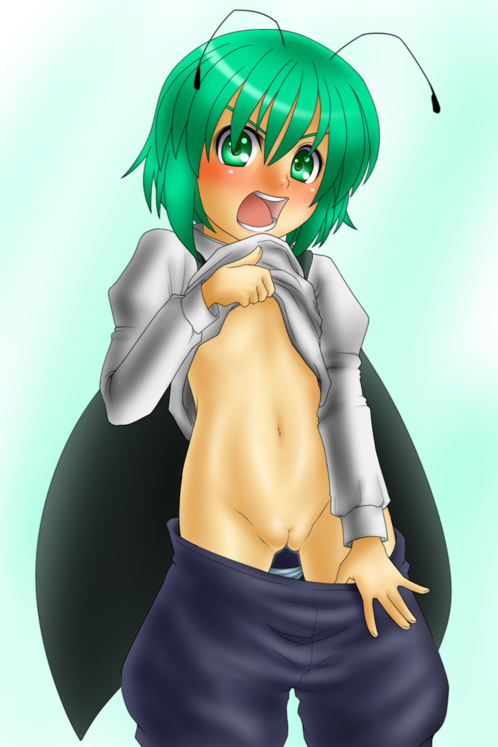 five-seven (0verlimits), wriggle nightbug, touhou, highres, 1girl, antennae, blush, clothes lift, female focus, gradient background, green eyes, green hair, matching hair/eyes, midriff, pussy, shirt lift, short hair, solo, uncensored, wings