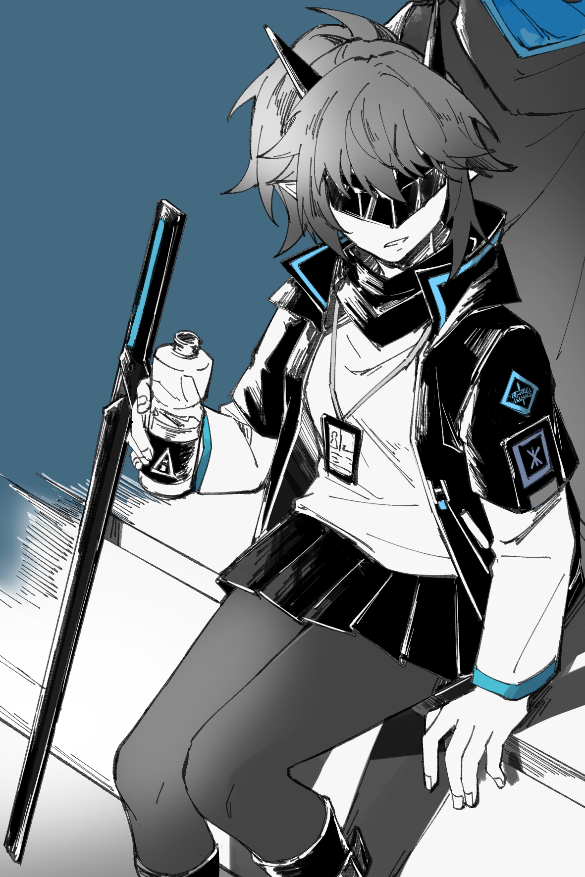 piaoliu ping ping ping pingzi, yato (arknights), arknights, chinese commentary, commentary request, highres, 1girl, 1other, back-to-back, blindfold mask, blue background, bottle, drink, fingernails, holding, holding bottle, holding drink, horns, jacket, lanyard, layered sleeves, long sleeves, mask, miniskirt, open clothes, open jacket, pantyhose, parted lips, partially colored, pleated skirt, pointy ears, shirt, short hair, short over long sleeves, short sleeves, simple background, skirt, solo focus