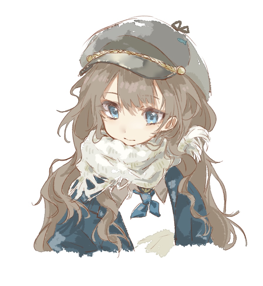 marcus (reverse:1999), reverse:1999, 1girl, blue coat, blue eyes, blue neckerchief, brown hair, closed mouth, coat, cropped torso, dress, grey hat, hat, hutsutoka, long hair, looking at viewer, neckerchief, newsboy cap, scarf, smile, solo, upper body, white background, white dress, white scarf
