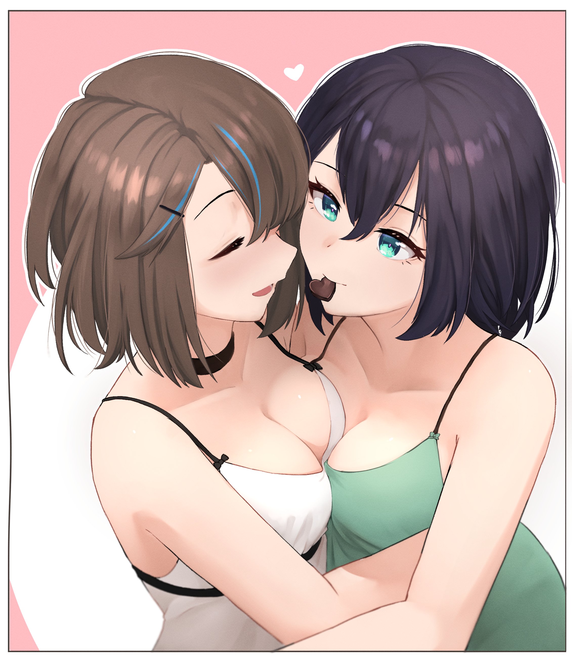 fav faris, original, absurdres, highres, 2girls, aqua eyes, black choker, black hair, border, bow camisole, breasts, bright pupils, brown hair, camisole, candy, chocolate, chocolate heart, choker, cleavage, closed eyes, closed mouth, collarbone, couple, food, food in mouth, green camisole, hair ornament, hairclip, heart, heart-shaped food, hug, large breasts, long bangs, looking at another, medium hair, multicolored hair, multiple girls, mutual hug, open mouth, parted bangs, short hair, smile, streaked hair, two-tone background, white border, white camisole, white pupils, yuri
