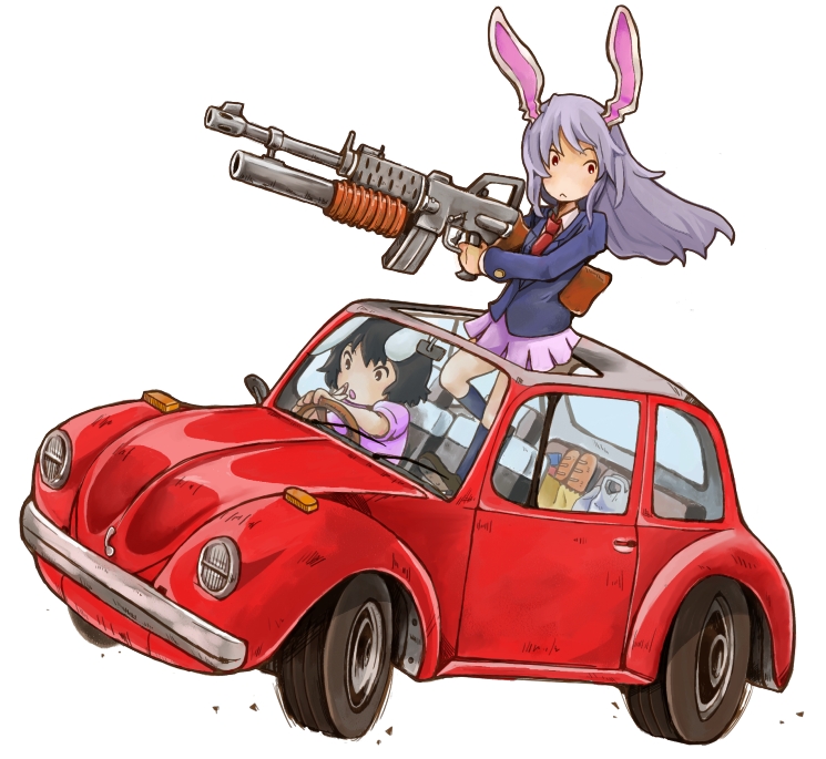 kishiinu, inaba tewi, reisen udongein inaba, touhou, volkswagen, 2girls, animal ears, black hair, car, female focus, gun, long hair, motor vehicle, multiple girls, necktie, purple hair, rabbit ears, red eyes, short hair, skirt, vehicle focus, volkswagen beetle, weapon, white background