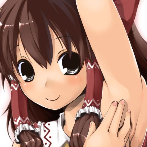 uzura no tamago, hakurei reimu, touhou, 1girl, armpits, brown hair, female focus, gradient background, hair ribbon, japanese clothes, long hair, miko, ribbon, smile, solo, upper body, white background