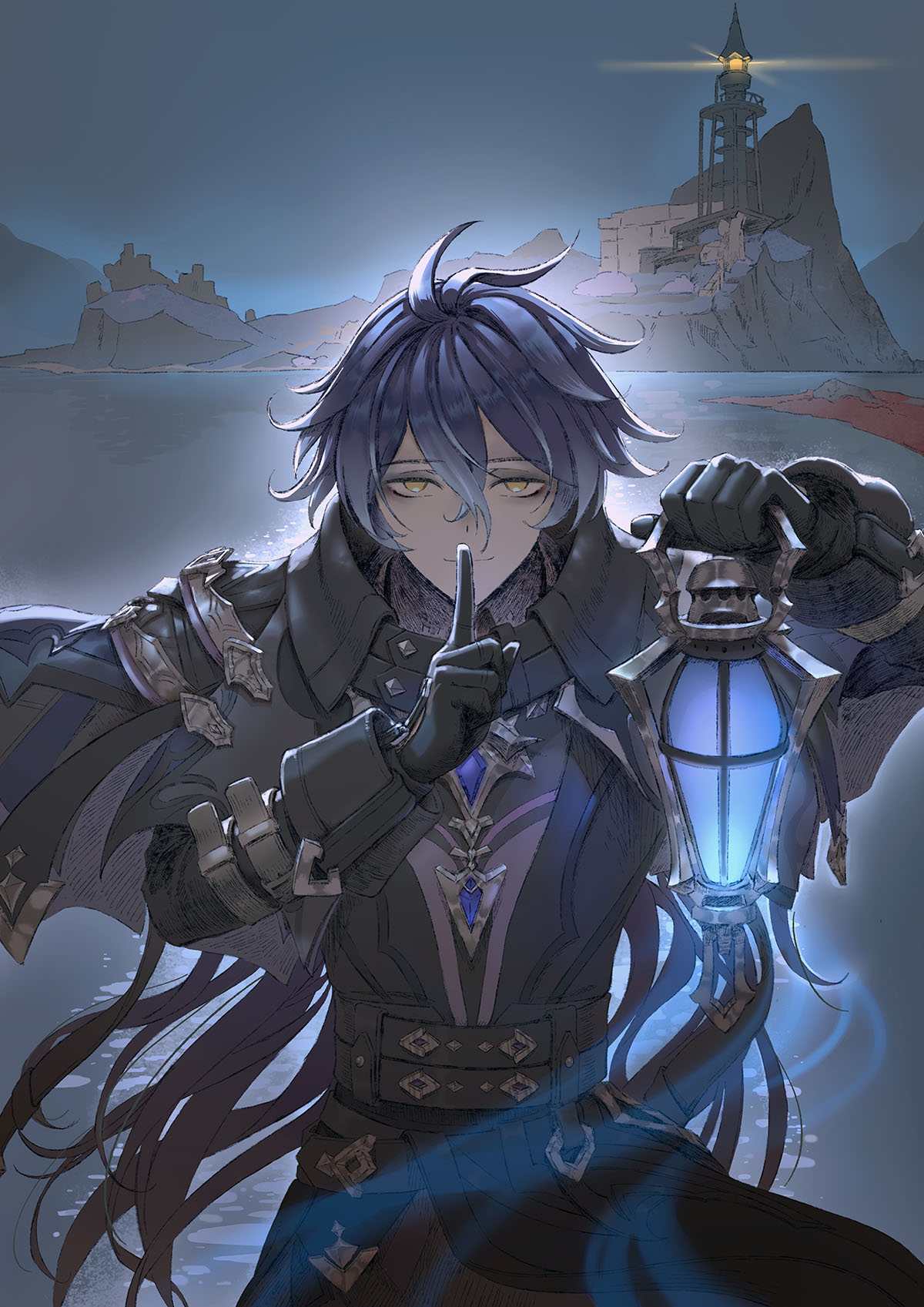 dahuang, flins (genshin impact), genshin impact, chinese commentary, commentary request, highres, 1boy, beach, black jacket, black pants, black vest, blue fire, blue hair, cowboy shot, finger to mouth, fire, hair between eyes, holding, holding lantern, jacket, jacket on shoulders, lantern, lighthouse, long hair, looking at viewer, male focus, ocean, outdoors, pants, solo, vest, yellow eyes