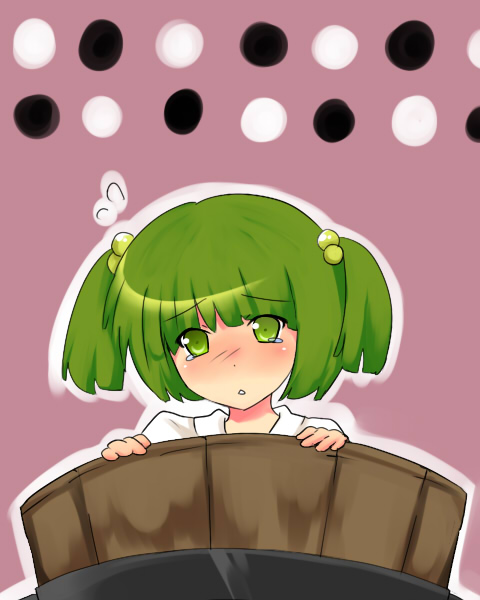 artnztmurushiakira, kisume, touhou, 1girl, bucket, female focus, green eyes, green hair, hair bobbles, hair ornament, in bucket, in container, short hair, solo, tears, twintails