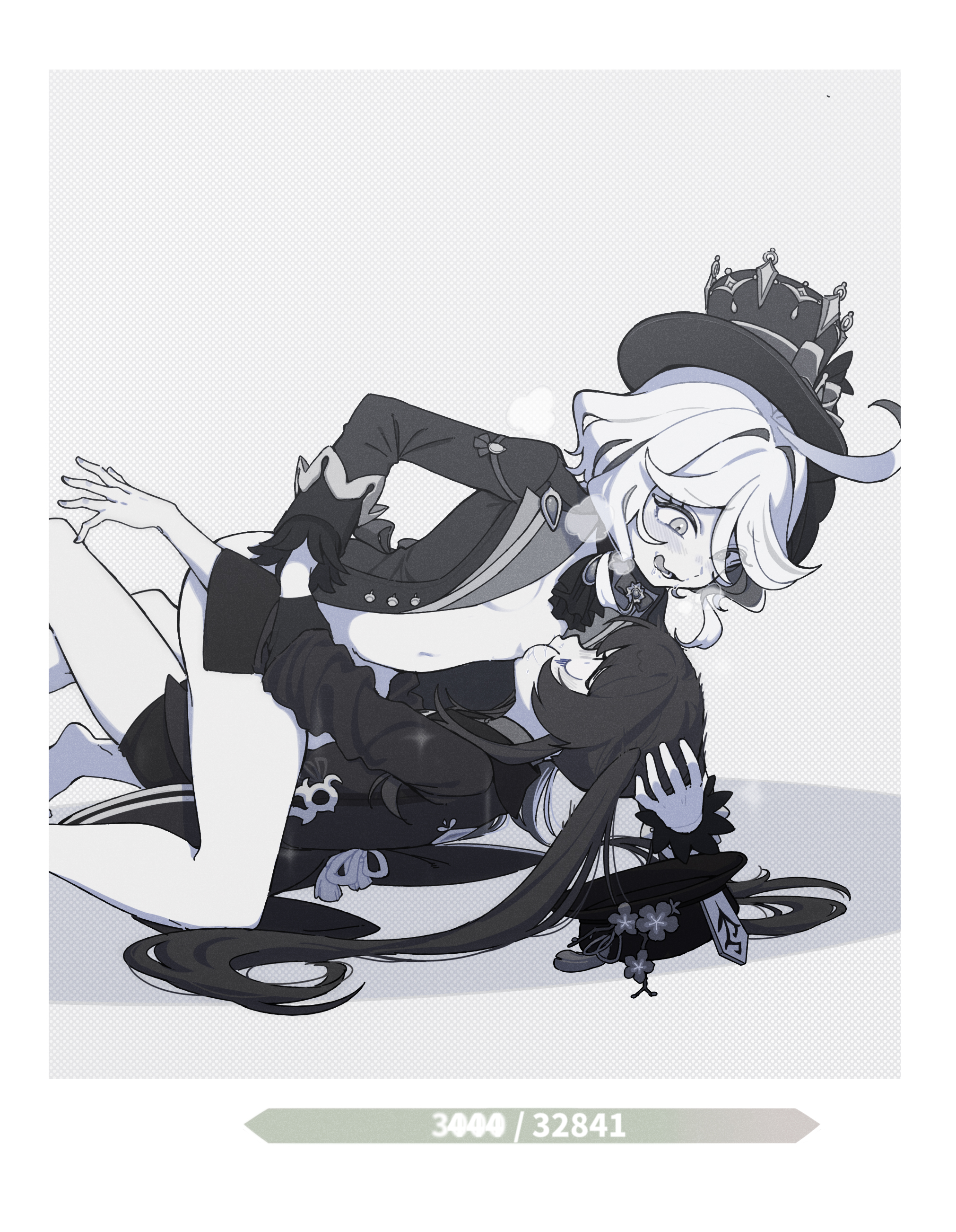 tansuan n, furina (genshin impact), hu tao (genshin impact), genshin impact, absurdres, chinese commentary, commentary request, highres, 2girls, ahoge, ascot, assertive female, asymmetrical gloves, bare legs, blazer, blush, border, bottomless, breast sucking, breasts, breath, brooch, cheek bulge, clothed sex, curly hair, drooling, female pervert, flower, forced, from side, gameplay mechanics, girl on top, gloves, grabbing another's arm, grey background, greyscale, hair intakes, hat, hat flower, head grab, health bar, holding another's arm, huge ahoge, jacket, jewelry, licking lips, long hair, long sleeves, looking at another, looking down, lying, mismatched gloves, monochrome, multiple girls, naked jacket, navel, on side, open clothes, open jacket, open mouth, pervert, plum blossoms, polka dot, polka dot background, porkpie hat, profile, raised inner eyebrows, rolling eyes, saliva, sanpaku, short hair, short shorts, shorts, simple background, small breasts, stomach, straddling, tassel, tongue, tongue out, top hat, turn pale, twintails, unworn hat, unworn headwear, very long hair, white border, yuri