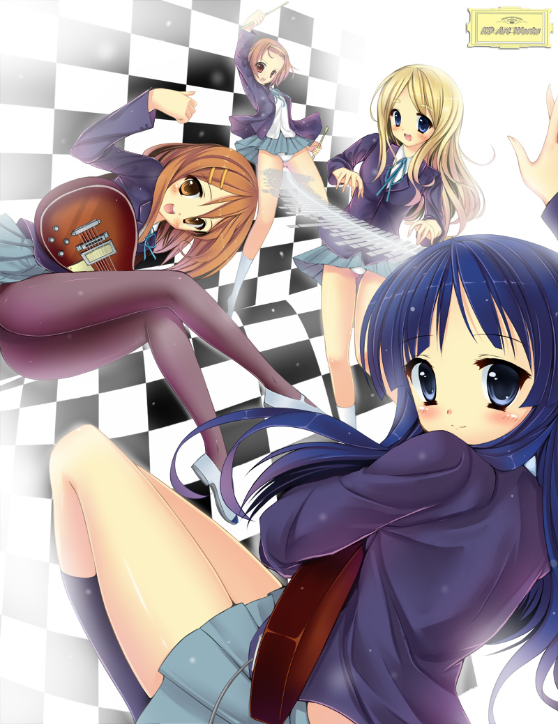 caidychen, akiyama mio, hirasawa yui, kotobuki tsumugi, tainaka ritsu, k-on!, bad id, bad pixiv id, 00s, 4girls, ass, band (music), bass guitar, blonde hair, blue eyes, brown hair, drumsticks, electric guitar, gibson les paul, guitar, ho-kago tea time, instrument, keyboard, long hair, multiple girls, panties, pantyhose, piano keys, school uniform, short hair, skirt, synthesizer, underwear