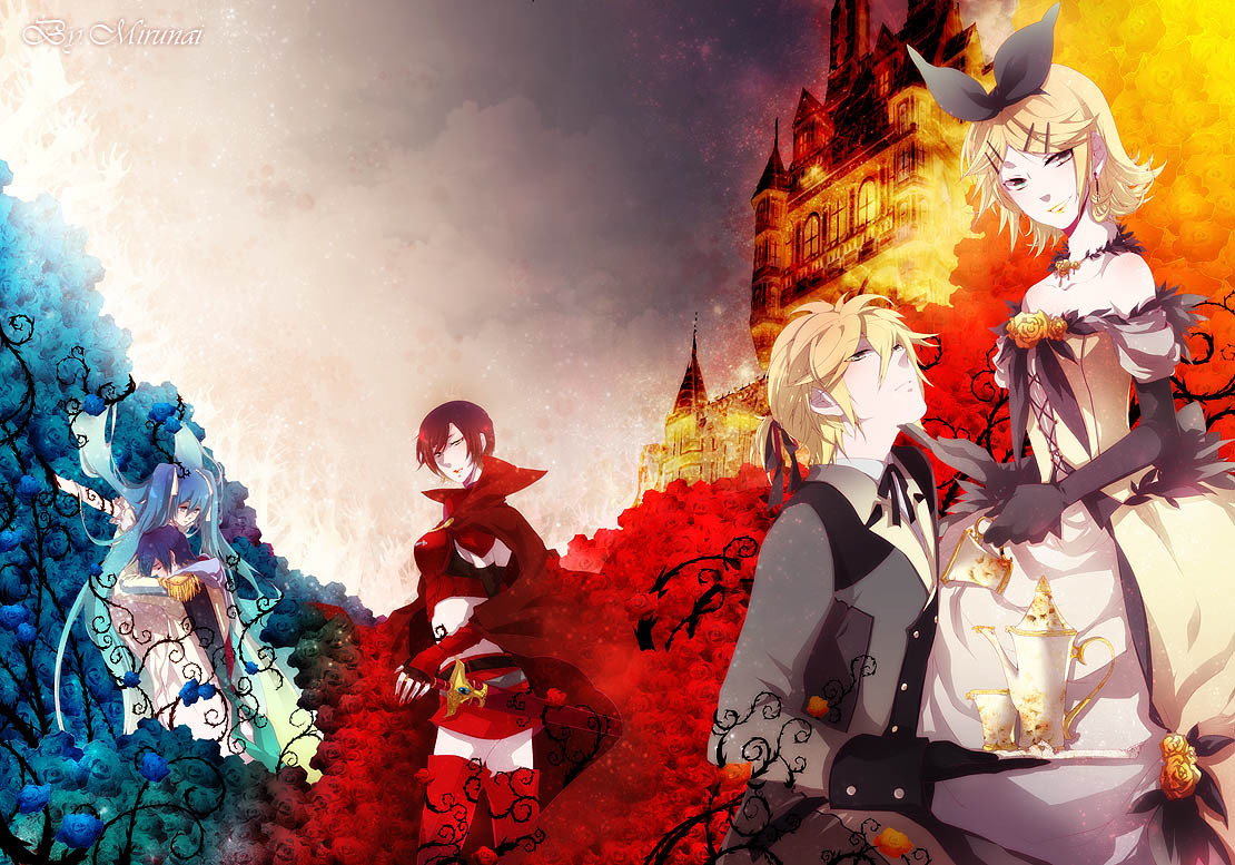 mirunai, allen avadonia, hatsune miku, kagamine len, kagamine rin, kaito (vocaloid), meiko (vocaloid), riliane lucifen d'autriche, aku no musume (vocaloid), evillious nendaiki, vocaloid, bad id, bad pixiv id, 2boys, 3girls, blonde hair, elbow gloves, fantasy, flower, formal clothes, gloves, multiple boys, multiple girls, red eyes, rose, victorian