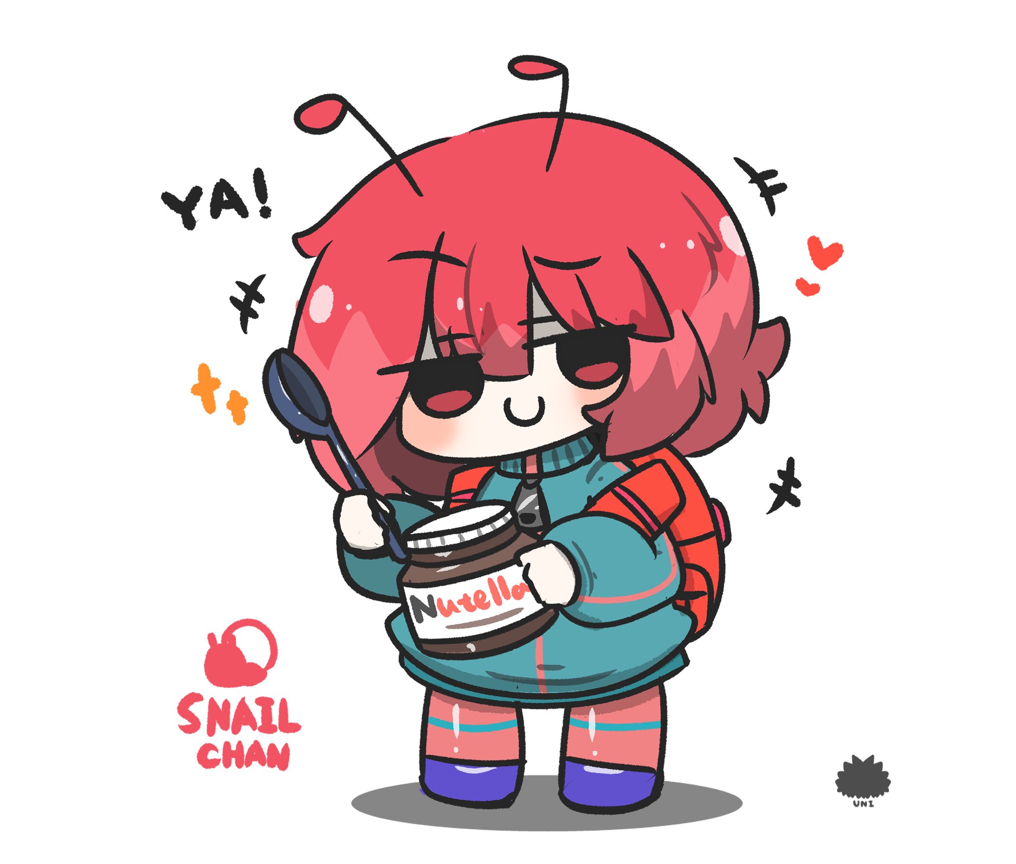 uni souchou, original, commentary, commentary request, english commentary, highres, +++, 1girl, antennae, backpack, bag, blue jacket, blush, character name, chibi, closed mouth, full body, hair between eyes, holding, holding spoon, jacket, jar, long sleeves, multicolored hair, nutella, pantyhose, pink hair, pink pantyhose, puffy long sleeves, puffy sleeves, purple shoes, red eyes, red hair, sea urchin, shadow, shoes, simple background, smile, solo, sparkle, spoon, standing, two-tone hair, white background