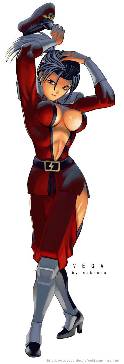 nekkeau, m. bison, capcom, capcom fighting jam, street fighter, highres, long image, non-web source, tall image, 1girl, black hair, boots, breasts, center opening, cleavage, clothing cutout, female focus, genderswap, genderswap (mtf), hat, high heel boots, high heels, hip vent, knee boots, large breasts, midnight bliss, ponytail, shoes, solo, unworn hat, unworn headwear