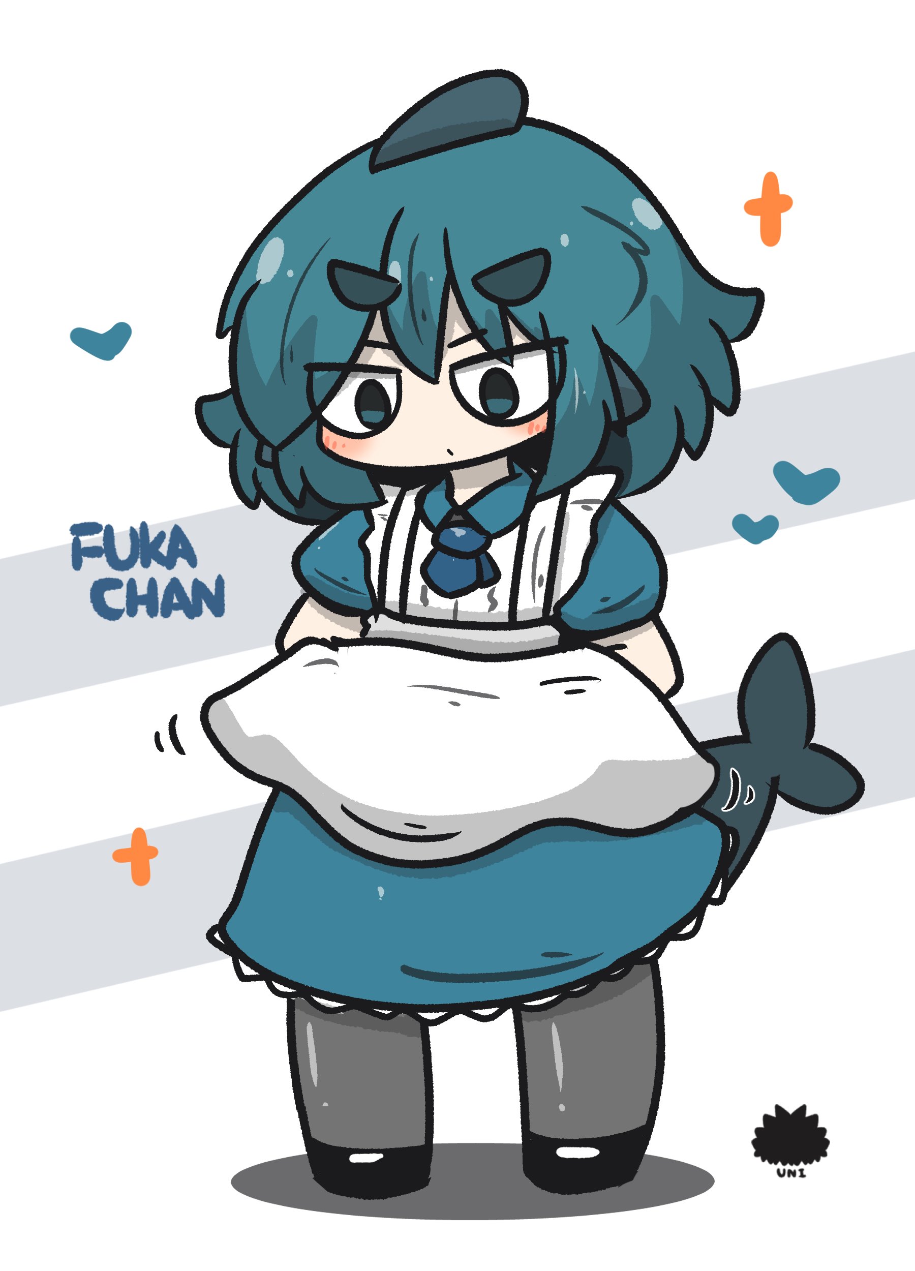 uni souchou, fuka-chan, original, absurdres, commentary request, highres, +++, 1girl, alternate costume, apron, black shoes, blue dress, blue eyes, blue hair, blue neckerchief, blush stickers, character name, chibi, closed mouth, collared dress, dress, enmaided, fins, fish tail, full body, grey pantyhose, maid, maid apron, motion lines, neckerchief, pantyhose, sea urchin, shadow, shark tail, shoes, short eyebrows, short sleeves, solo, standing, tail, thick eyebrows, v-shaped eyebrows, white apron, white background