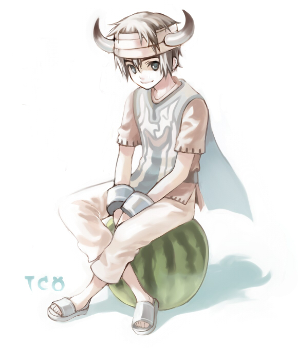 yuuryuu nagare, ico (character), ico, 1boy, black hair, character name, food, fruit, horns, male focus, short hair, sitting, smile, solo, surcoat, tabard, watermelon