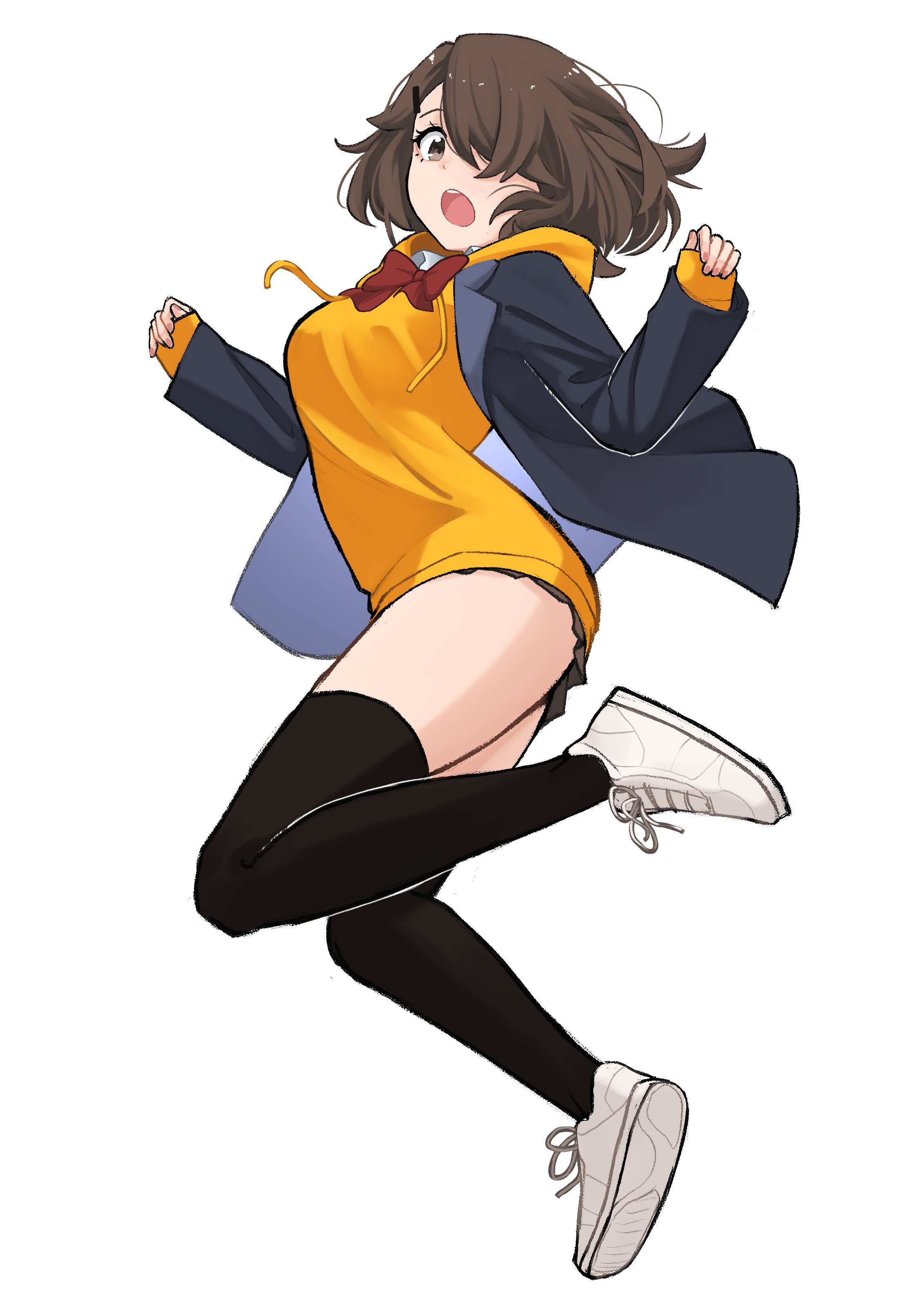 fav faris, original, absurdres, highres, 1girl, :o, asymmetrical bangs, black jacket, black skirt, black thighhighs, blazer, bow, bowtie, brown eyes, brown hair, eyebrows hidden by hair, full body, hair over one eye, hands up, hood, hoodie, jacket, jumping, long bangs, long sleeves, looking at viewer, medium hair, microskirt, one eye covered, open mouth, red bow, red bowtie, school uniform, shoes, simple background, skirt, sleeves past wrists, sneakers, solo, thighhighs, white background, white shoes, yellow hoodie, zettai ryouiki