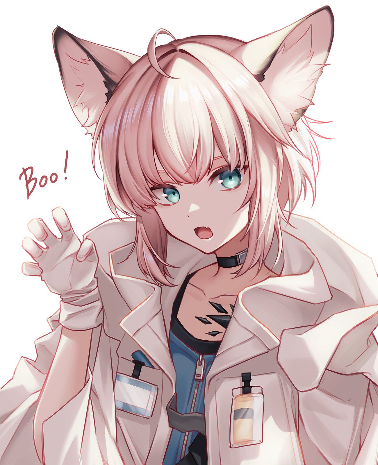 etru faufau, sussurro (arknights), arknights, highres, 1girl, ahoge, animal ear fluff, animal ears, aqua eyes, black choker, choker, claw pose, collarbone, fang, gloves, hand up, jacket, material growth, open mouth, oripathy lesion (arknights), pink hair, short hair, simple background, skin fang, solo, sound effects, upper body, white background, white gloves, white jacket, zipper, zipper pull tab