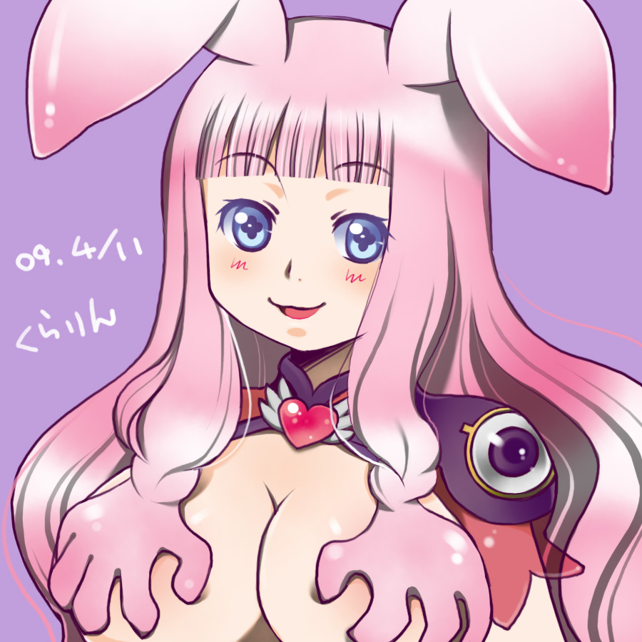 kurarin, rakugaki, melona (queen's blade), protean assassin melona, queen's blade, + +, 00s, 1girl, 2009, animal ears, blush, breasts, covering breasts, covering privates, female focus, grabbing another's breast, groping, heart, huge breasts, monster girl, pink hair, prehensile hair, rabbit ears, simple background, slime girl, solo, topless female