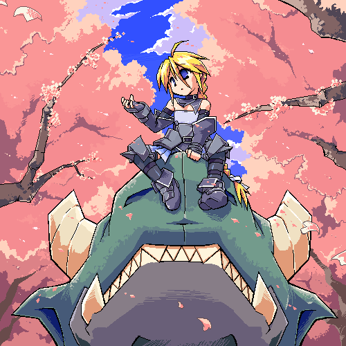 redrantem, tomoshibi hidekazu, girl with a blonde braid (tomoshibi hidekazu), redrantem's orange haired girl, original, lowres, 1girl, armor, blonde hair, blue eyes, dragon, female focus, gloves, long hair, oekaki, solo, very long hair