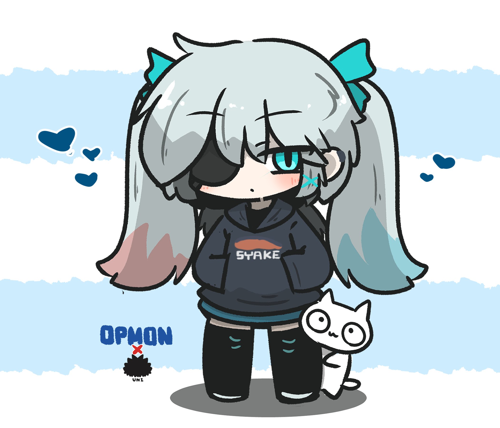 uni souchou, original, commentary request, highres, 1girl, animal, black hoodie, black thighhighs, blue eyes, blue hair, blue ribbon, blue skirt, blush, cat, character name, chibi, closed mouth, eyepatch, full body, grey hair, hair between eyes, hair ornament, hair ribbon, hands in pocket, heart, hood, hood down, hoodie, long hair, long sleeves, looking at viewer, multicolored hair, pink hair, ribbon, sea urchin, skirt, solo, standing, thighhighs, twintails, two-tone hair, very long hair, white cat, x hair ornament