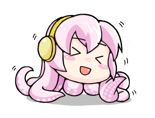 akari seisuke, umigame, megurine luka, takoluka, poppippoo (vocaloid), vocaloid, > <, closed eyes, headphones, no humans, pink hair, tentacles