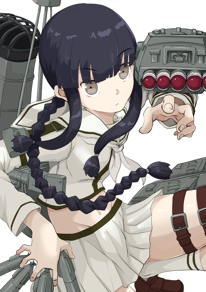 boushi-ya, kitakami (kancolle), kitakami kai ni (kancolle), kantai collection, 1girl, adapted turret, black hair, blunt bangs, blunt tresses, braid, brown eyes, grey neckerchief, grey shirt, hair ribbon, holding, holding torpedo, long hair, machinery, midriff, neckerchief, pleated skirt, ribbon, sailor collar, school uniform, serafuku, shirt, simple background, single braid, skirt, smokestack, socks, solo, thigh strap, torpedo, tress ribbon, white background, white sailor collar, white skirt, white socks
