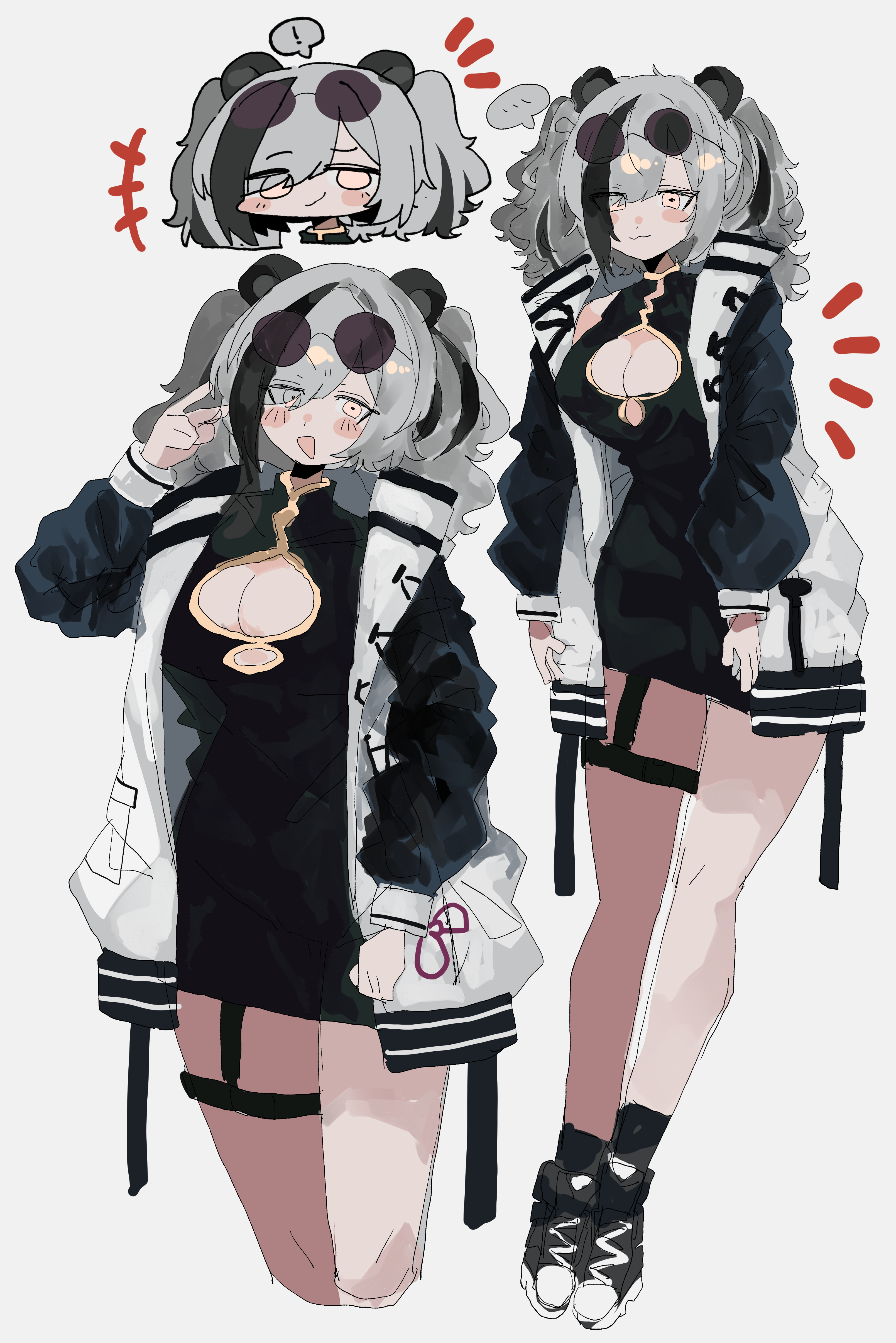 odmised, feater (arknights), arknights, absurdres, commentary, highres, 1girl, black dress, black hair, black shoes, breasts, chibi, chibi inset, cleavage cutout, closed mouth, clothing cutout, cropped legs, dress, eyewear on head, full body, grey hair, hand up, jacket, letterman jacket, long hair, long sleeves, looking at viewer, medium breasts, multicolored hair, multiple views, notice lines, open mouth, shoes, simple background, smile, swimsuit, thigh strap, twintails, two-tone hair, white background, white jacket, yellow eyes