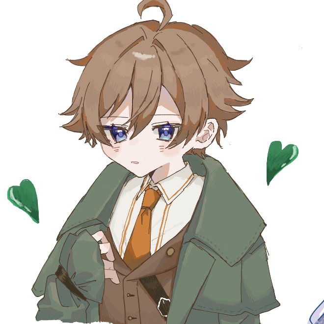 oliver fog, reverse:1999, 1boy, ahoge, blue eyes, brown hair, brown vest, coat, collared shirt, grey coat, hand up, heart, male focus, necktie, orange necktie, senkichi (sen kchi), shirt, short hair, solo, upper body, vest, waistcoat, white background, white shirt
