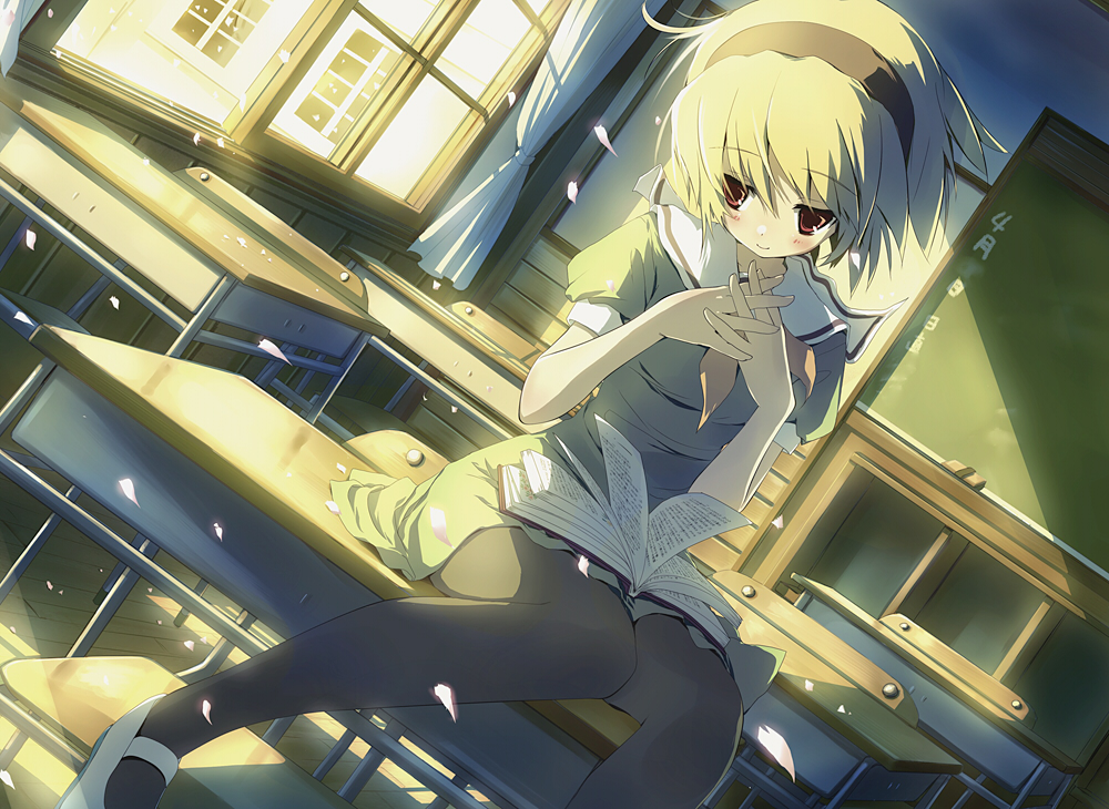 gyuunyuuou, houjou satoko, higurashi no naku koro ni, bad id, bad pixiv id, 00s, 1girl, blonde hair, blush, book, book on lap, chair, chalkboard, cherry blossoms, classroom, curtains, desk, dress, dutch angle, female focus, hairband, indoors, interlocked fingers, mary janes, own hands clasped, own hands together, pantyhose, petals, red eyes, sailor dress, school, school desk, school uniform, shoes, short hair, sitting, skirt, smile, solo, sunlight, uwabaki, window