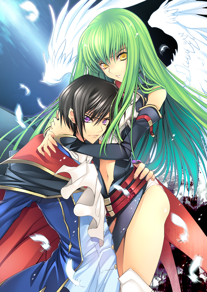 creayus, c.c., lelouch vi britannia, code geass, 00s, feathers, green hair, wings, yellow eyes