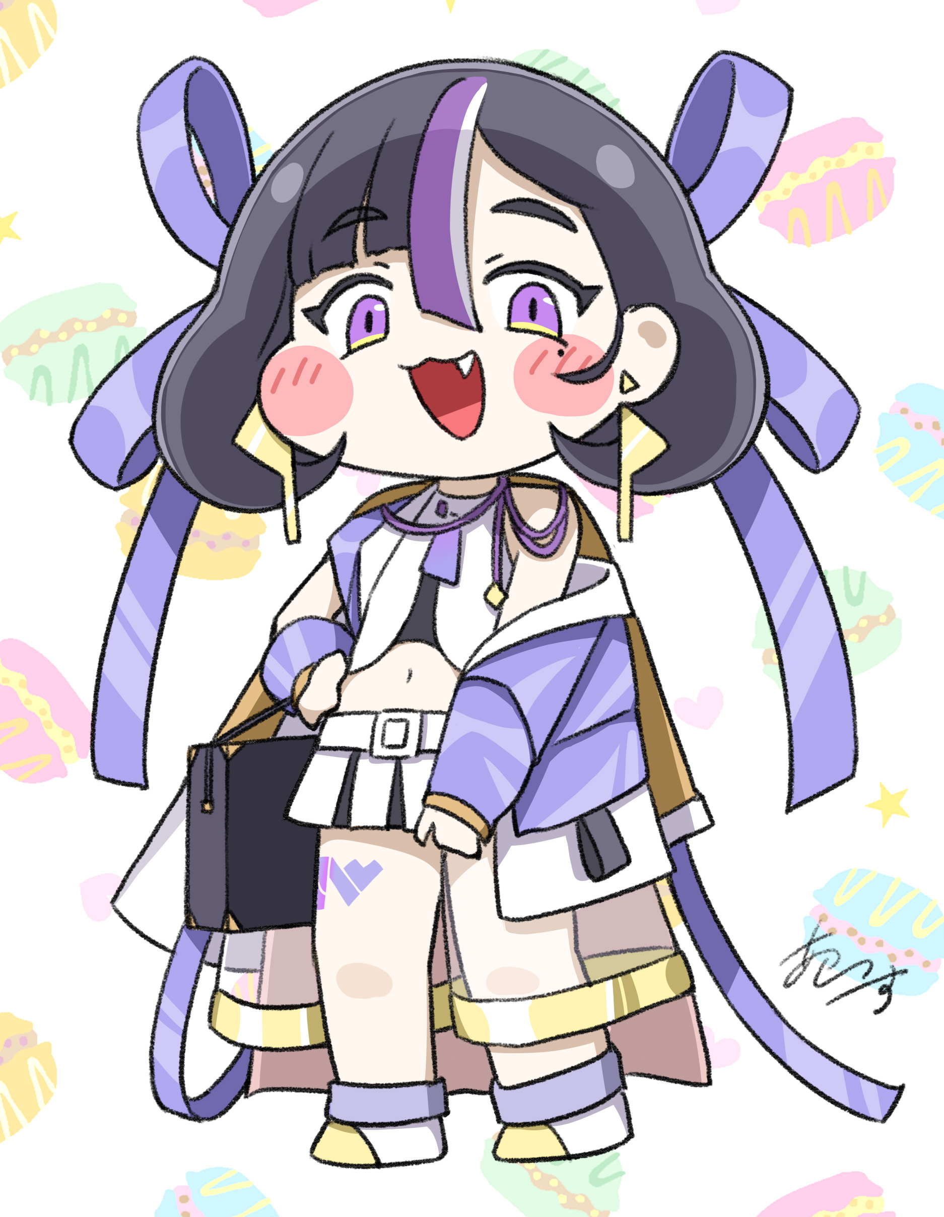 earth ekami, syuen (nikke), goddess of victory: nikke, trickcal, absurdres, commentary request, highres, 1girl, black hair, blush, chibi, chibi only, earrings, fang, food, full body, hair ribbon, hand on own hip, jacket, jewelry, looking at viewer, macaron, mole, mole under eye, multicolored hair, navel, open mouth, parody, purple eyes, purple jacket, purple ribbon, ribbon, signature, simple background, solo, standing, streaked hair, style parody