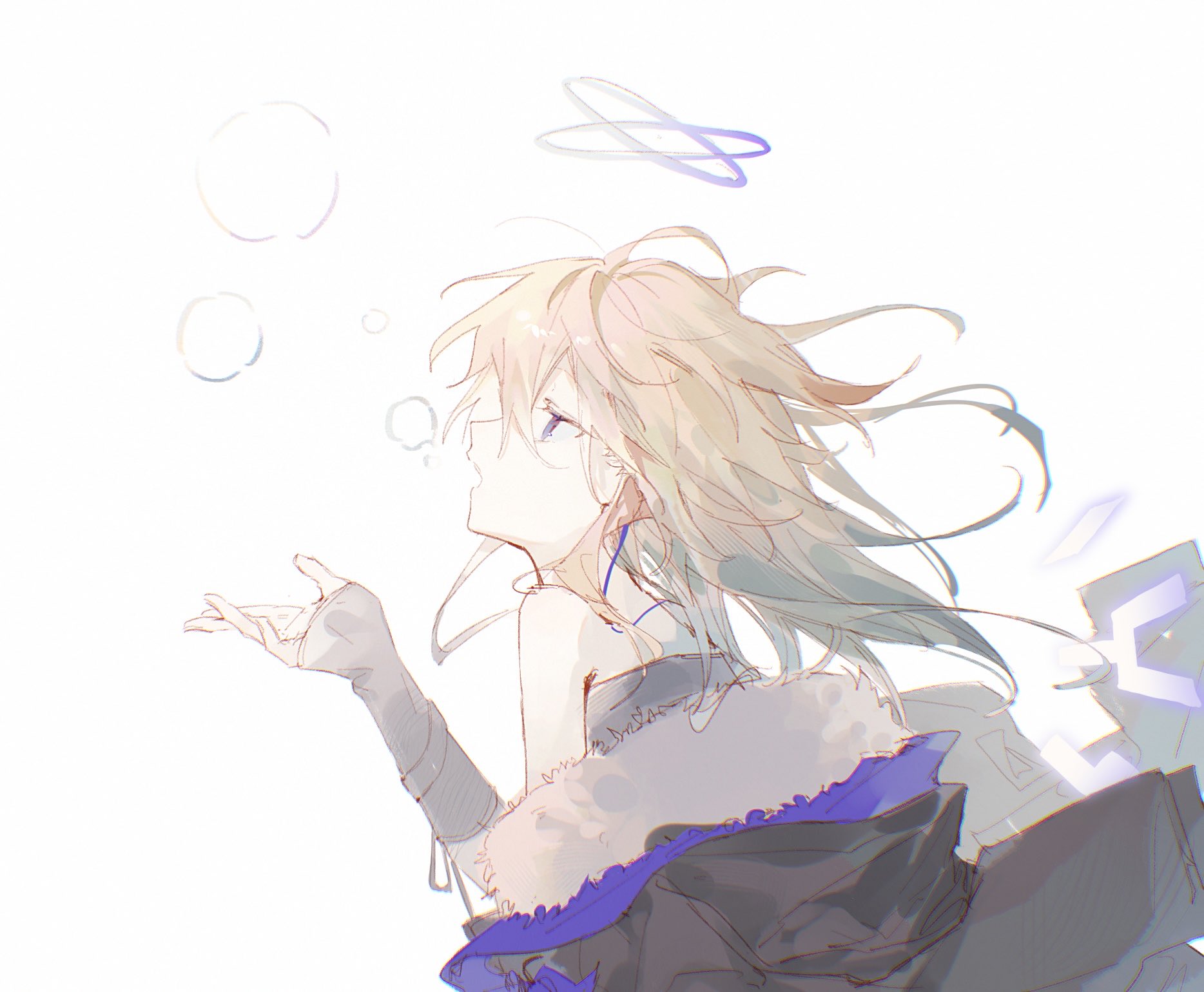 aok1 1ro (ok 1xxx), vannini (arknights), arknights, commentary, highres, 1girl, bare shoulders, black jacket, blonde hair, chromatic aberration, from side, fur-trimmed jacket, fur trim, grey hair, grey halo, hair between eyes, halo, jacket, looking up, multicolored hair, off shoulder, open mouth, profile, purple eyes, purple hair, purple halo, simple background, soap bubbles, solo, upper body, white background
