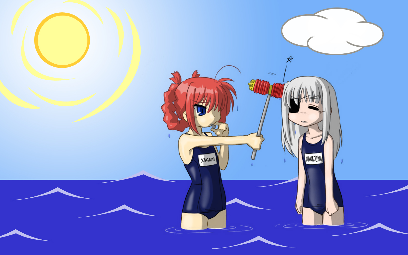 tamu-v, tamu (mad works), cinque (nanoha), numbers (nanoha), vita (nanoha), lyrical nanoha, mahou shoujo lyrical nanoha, mahou shoujo lyrical nanoha strikers, colorized, highres, 00s, 2girls, eyepatch, multiple girls, sun, swimsuit