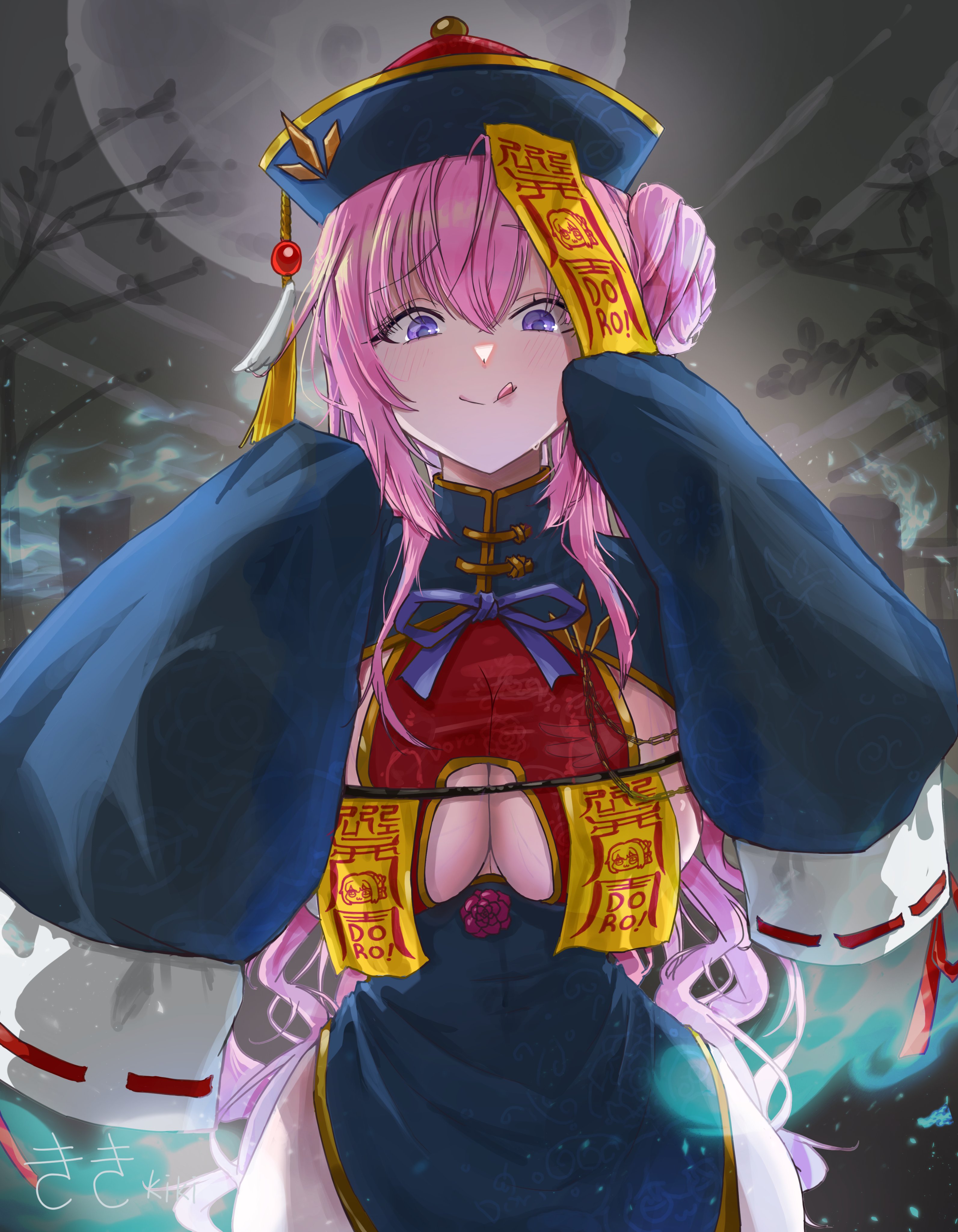 kiki (akasaka0818), doro (nikke), dorothy (nikke), goddess of victory: nikke, absurdres, highres, 1girl, blue fire, blush, breasts, cowboy shot, fire, hair bun, hands up, hat, jiangshi costume, large breasts, licking lips, looking at viewer, moon, ofuda, pink hair, purple hair, purple ribbon, qingdai guanmao, raised eyebrows, ribbon, signature, single side bun, solo, standing, sweat, tongue, tongue out