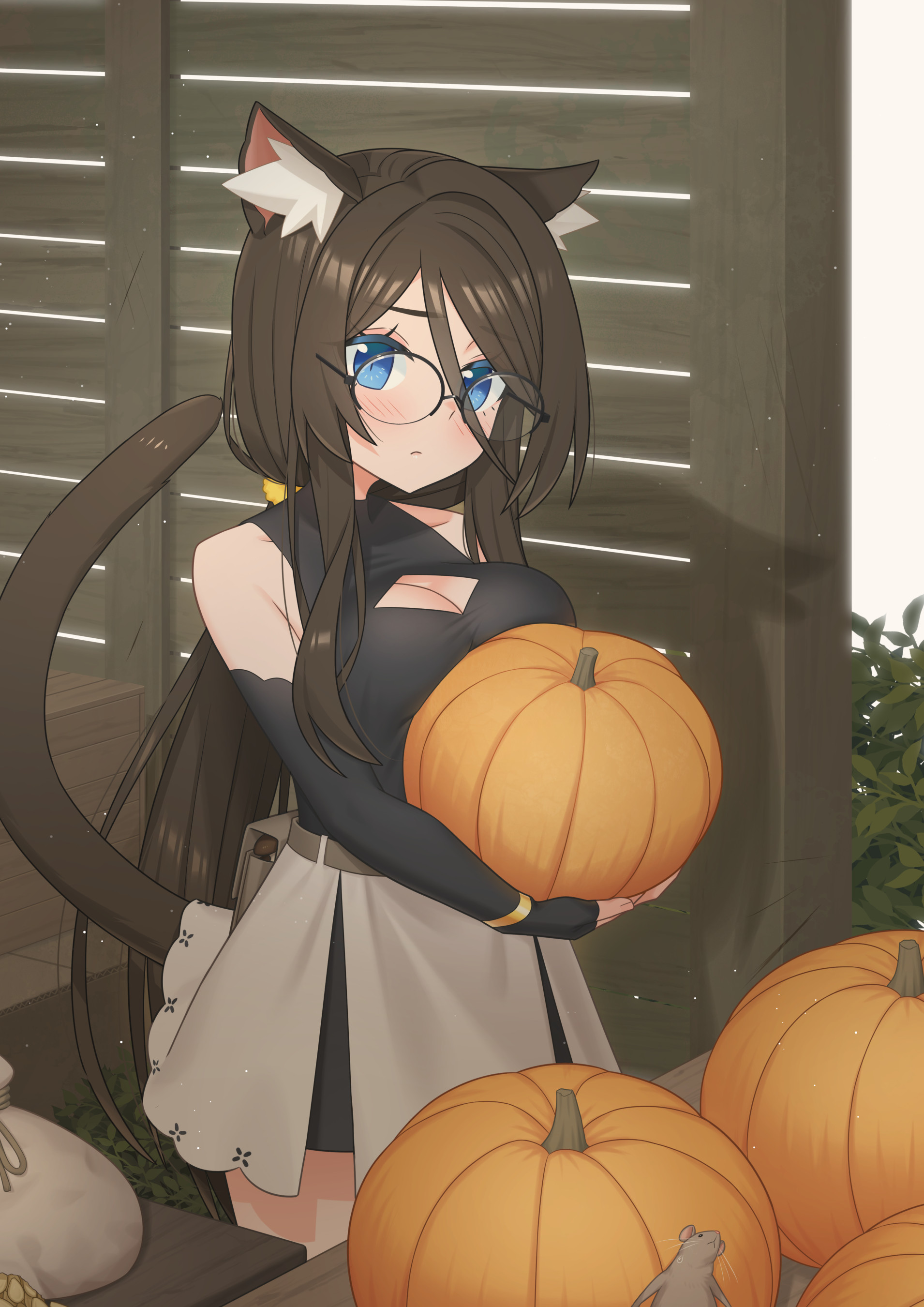 mao lian (nekokao), aina (mao lian), original, absurdres, commentary request, highres, animal ear fluff, animal ears, black gloves, black shirt, black skirt, bloom, blue eyes, breasts, brown hair, cat ears, cat girl, cat tail, cleavage cutout, closed mouth, clothing cutout, crate, detached sleeves, feet out of frame, fingerless gloves, glasses, gloves, holding, holding pumpkin, layered skirt, light frown, light particles, long sleeves, looking at viewer, loose hair strand, medium breasts, medium hair, parted bangs, plant, pleated skirt, pumpkin, shirt, skirt, tail, white background, white skirt, wooden wall
