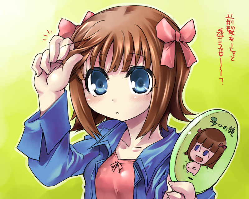 tokita monta, amami haruka, nonowa, idolmaster, idolmaster (classic), idolmaster 1, 00s, blue eyes, brown hair, hair ribbon, ribbon, short hair, solo