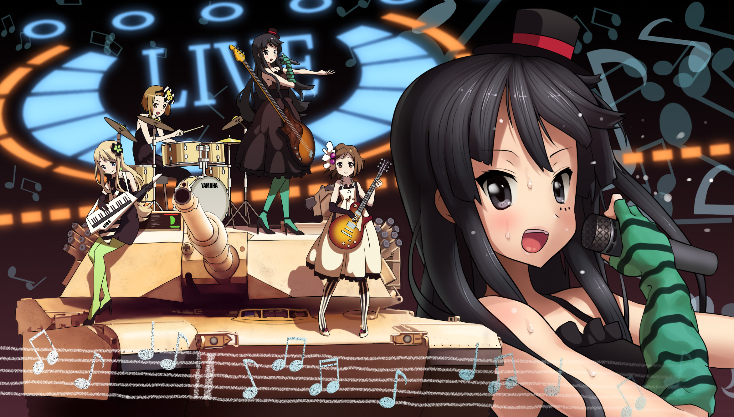 ddal, akiyama mio, hirasawa yui, kotobuki tsumugi, tainaka ritsu, don't say "lazy", k-on!, blue legwear, green legwear, striped legwear, vehicle, vertical-striped legwear, bad id, bad pixiv id, highres, 00s, 4girls, abrams, band (music), bass guitar, blunt bangs, chalk, dress, drum, electric guitar, gibson les paul, guitar, hat, hime cut, ho-kago tea time, instrument, k-1, k-1 tank, microphone, military, military vehicle, mini hat, mini top hat, motor vehicle, multiple girls, music, musical note, neon lights, pantyhose, singing, striped clothes, striped pantyhose, sweat, tank, tomboy, top hat, vertical-striped clothes, vertical-striped pantyhose