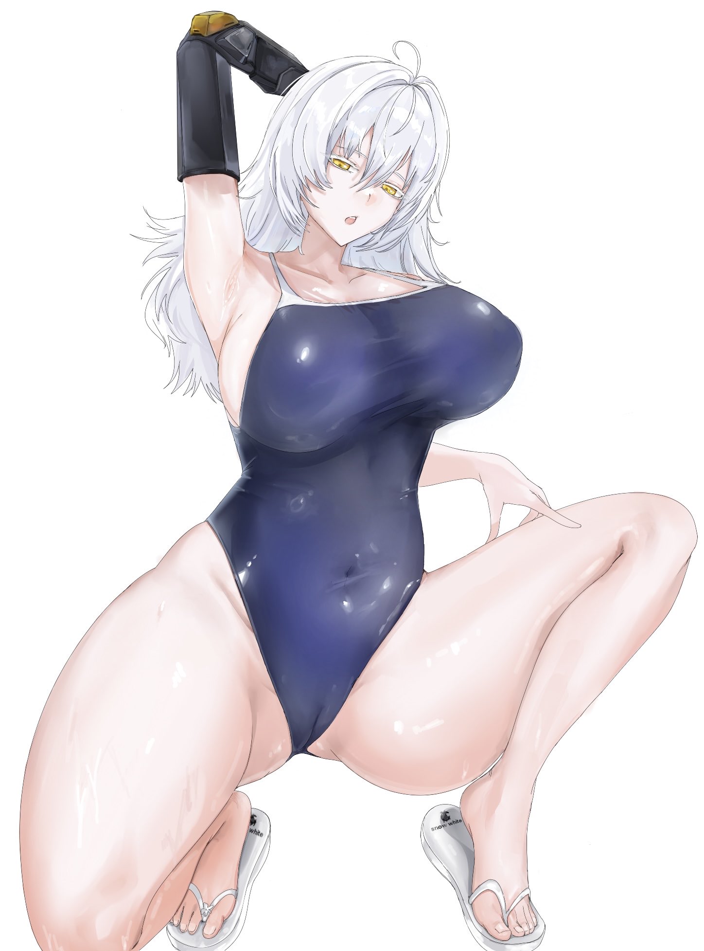 xmld404, snow white (nikke), goddess of victory: nikke, highres, 1girl, ahoge, arm behind head, armpits, blue one-piece swimsuit, breasts, cameltoe, covered navel, hair between eyes, hair intakes, large breasts, long hair, looking at viewer, mechanical arms, one-piece swimsuit, open mouth, sandals, single mechanical arm, solo, squatting, swimsuit, white background, white hair, white sandals, yellow eyes