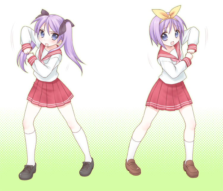 usashiro mani, hiiragi kagami, hiiragi tsukasa, lucky star, 00s, 2girls, blue eyes, hair ribbon, hairband, long hair, multiple girls, open mouth, purple eyes, purple hair, ribbon, school uniform, serafuku, short hair, siblings, sisters, skirt, standing, tongue, twins, twintails