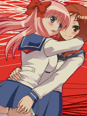 awa, haramura nodoka, takei hisa, saki (manga), lowres, 00s, 2girls, blush, hug, jaggy lines, multiple girls, naughty face, oekaki, school uniform, serafuku, thighhighs, yuri