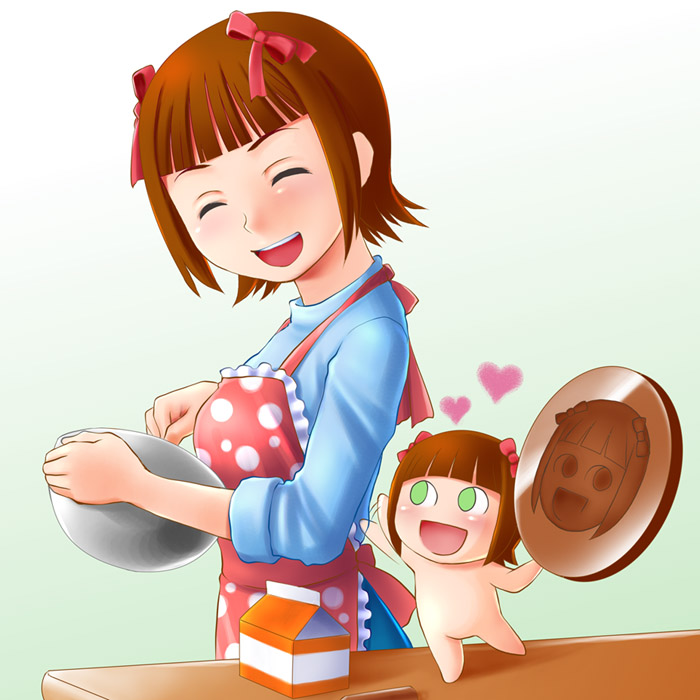 houman, amami haruka, nonowa, idolmaster, idolmaster (classic), idolmaster 1, 00s, apron, brown hair, chibi, closed eyes, cooking, green eyes, hair ribbon, happy, heart, ribbon, short hair