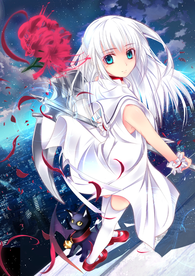 shirokitsune, daniel, daniel (shinigami no ballad), momo (shinigami no ballad), shinigami no ballad, bad id, bad pixiv id, 00s, 1girl, aqua eyes, black cat, blue eyes, cat, city, dress, female focus, flower, long hair, looking back, red flower, scythe, solo, spider lily, star (sky), thighhighs, white hair, wrist cuffs