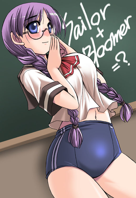 tonpuu, original, 1girl, blue eyes, blush, braid, buruma, chalkboard, female focus, glasses, hair over shoulder, long hair, purple hair, school uniform, serafuku, solo, twin braids