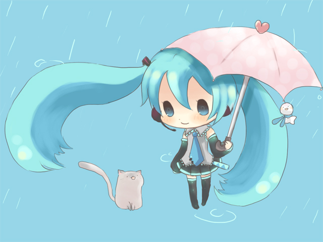 gochita, hatsune miku, vocaloid, bad id, bad pixiv id, aqua hair, blue eyes, cat, chibi, detached sleeves, headphones, long hair, microphone, necktie, prehensile hair, rain, skirt, solo, teruterubouzu, thighhighs, twintails, umbrella, very long hair