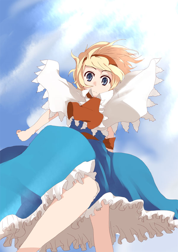 da (room), mieharu, alice margatroid, touhou, 1girl, ascot, blonde hair, blue dress, blue eyes, blue sky, blush, capelet, day, dress, female focus, floating hair, flying, from below, light rays, looking at viewer, outdoors, short hair, sky, solo, sunlight, wind