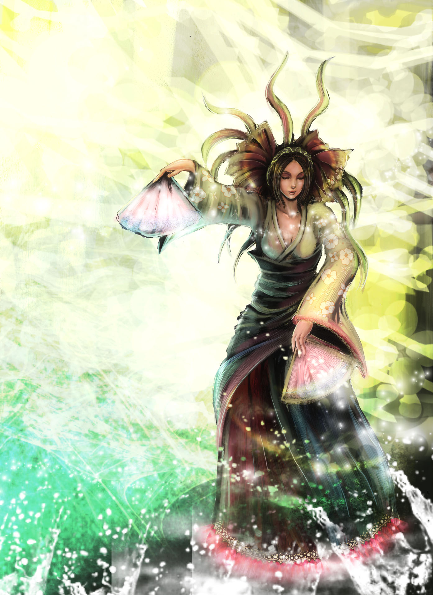 bccp, pixiv fantasia, pixiv fantasia 3, highres, akatsuhara empire, brown hair, closed eyes, dress, hand fan, japanese clothes, ribbon, skirt, solo, water