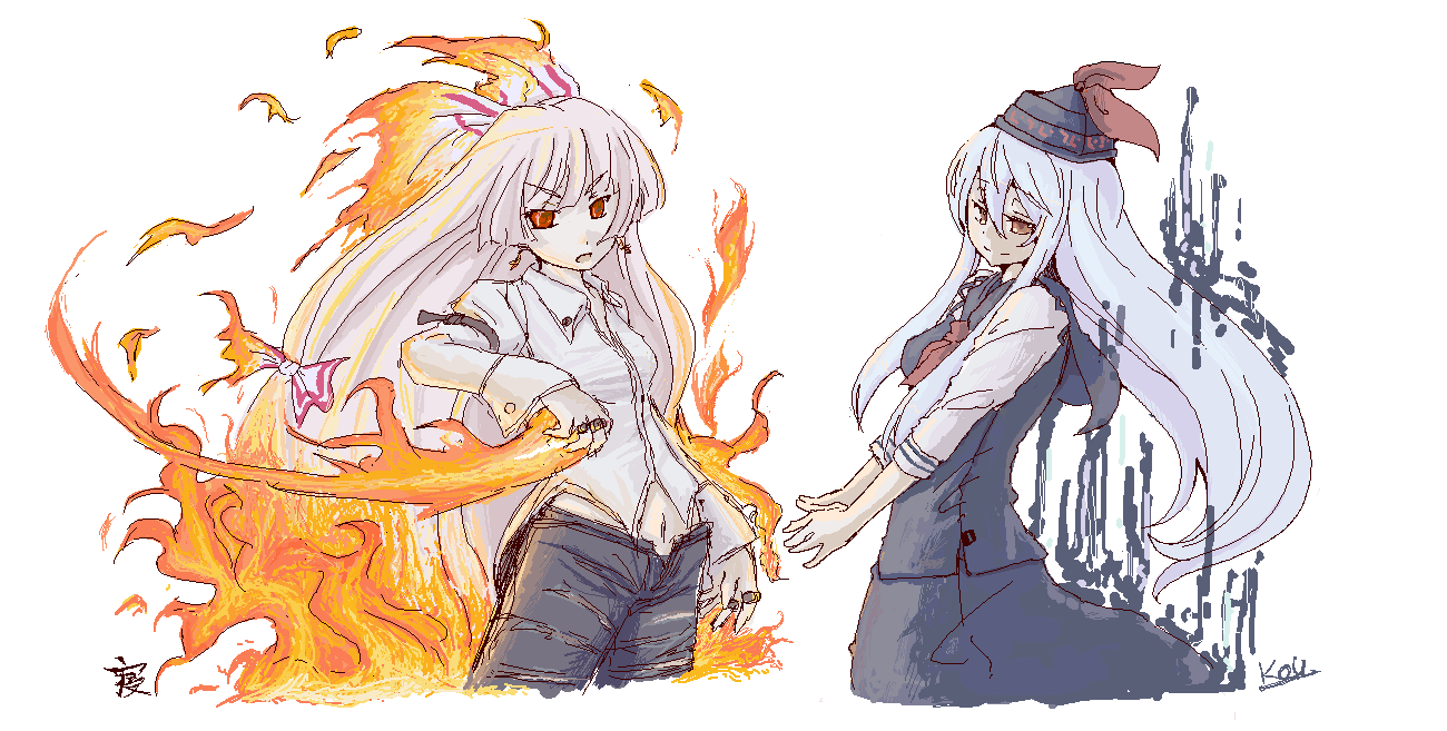 neru fia, fujiwara no mokou, kamishirasawa keine, touhou, silver hair, 2girls, blue hair, female focus, fire, hair ribbon, hat, long hair, multiple girls, navel, red eyes, ribbon, standing, white background, yellow eyes